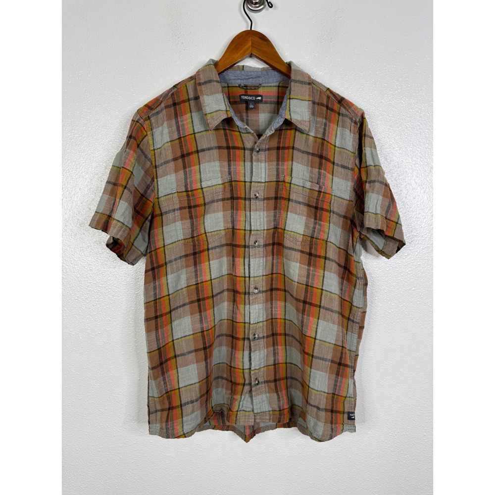 Toad&Co Mens Salton SS Shirt Plaid Organic Cotton Brown Orange Large T2002000